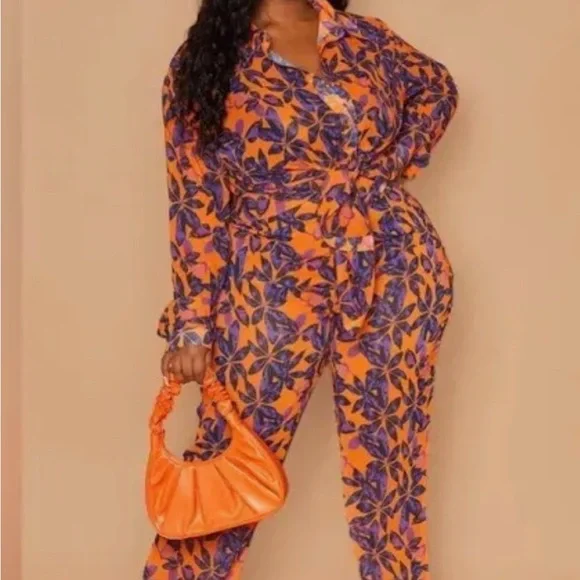 PRETTYLITTLETHING Plus Orange Print Beach Flare Pants ie 16 NWT - Picture 2 of 7